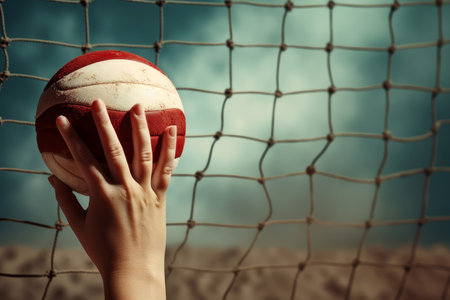 Hand with volleyball over the net. Volleyball player block action. Generate Aiの素材