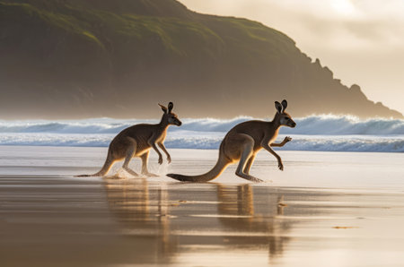 Australian kangaroos beach. Travel nature animal. Generate Aiの素材