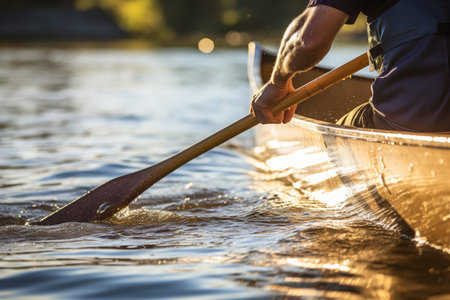 Man rows an oar in a canoe. River summer kayaking sport. Generate Aiの素材
