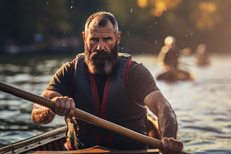 Man rowing kayak boat. Recreational aquatic sport adventure. Generate Aiの素材
