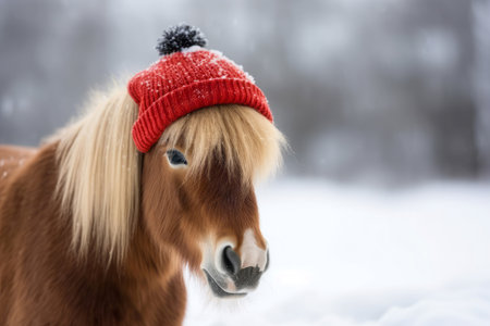 Pony red hat winter season. Funny animal. Generate Aiの素材