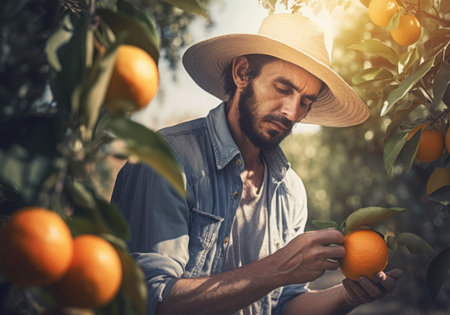 Farmer harvesting oranges. Tropical fruit plantation with ripe fruits. Generate aiの素材