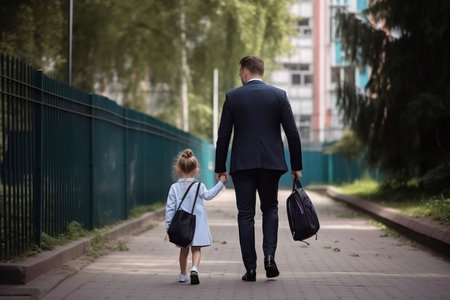 Father with girl going to school. Family relationship and parenthood care responsibility. Generate aiの素材