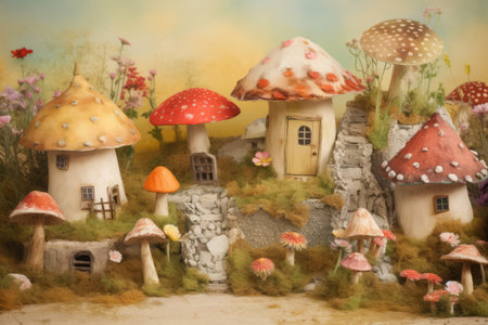 Fairy mushroom houses fiction. Space woods flowers with tree leaf. Generate Aiの素材