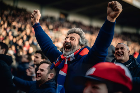 Sport fan celebration at stadium. Happy excited crowd sitting at match. Generate Aiの素材