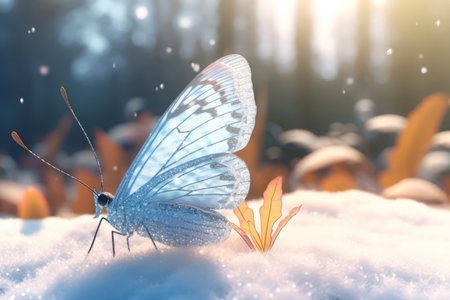 Blue butterfly on snowy ice. Fragile fabulous insect on frozen ground. Generate aiの素材