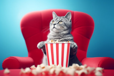 Cat watching 3d movie. Domestic animal pet in armchair with popcorn. Generate aiの素材