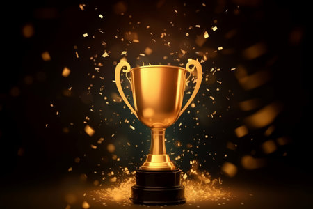 Golden trophy celebration confetti. Championship successful glory reward winner. Generate aiの素材