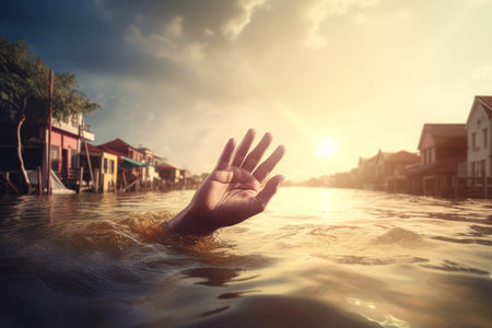 Town submerged floodwater. Human hand above the floodwater disaster. Generate aiの素材
