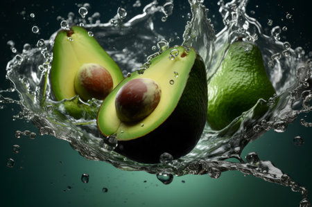 Avocado water drops. Splash of water in studio photo shot. Generate Aiの素材