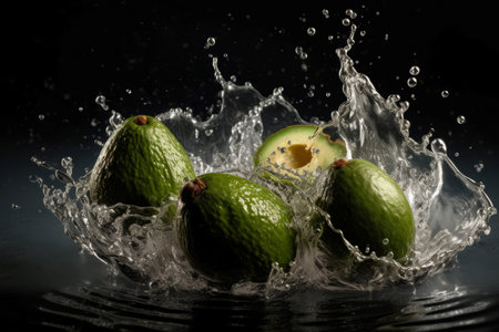Avocado water drops photo shot. Tropical vitamin food with fresh leaves. Generate Aiの素材