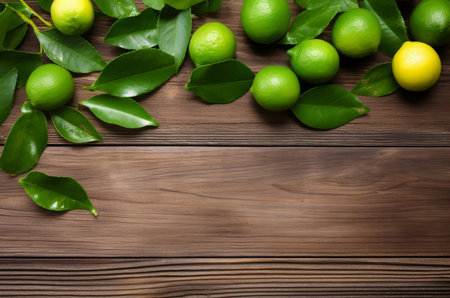 Branch leaves lime on wooden board. Leaf vegetarian raw food. Generate Aiの素材