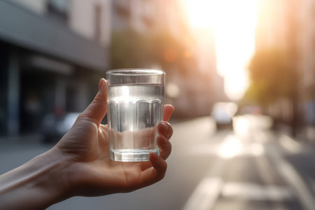 Human hand with glass of water. Hydration pure beverage in glass cup. Generate aiの素材