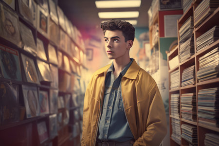 Handsome western man. Guy in casual outfit posing in books store. Generate aiの素材
