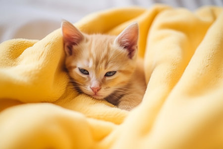 Ginger kitten sleeping. Adorable little kitty in yellow blanket. Generate aiの素材