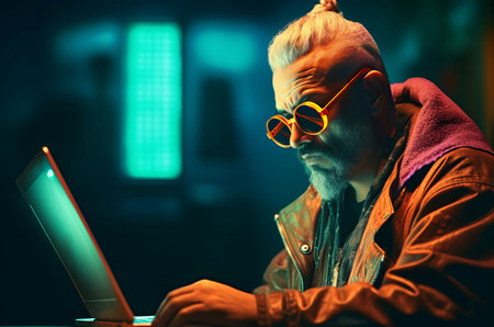 Male cyberpunk with sunglasses works on laptop. Illegal online network hacker coding. Generate aiの素材
