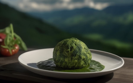 Spinach meatballs on plate. Green delicious dish with mountain nature view. Generate aiの素材