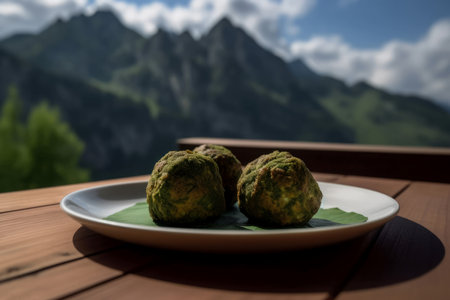 Plate with green meatballs on mountains view. Natural green homemade cuisine on mount top. Generate aiの素材