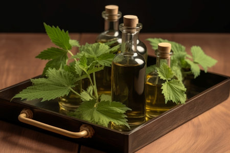 Nettle oil glass bottles. Natural essential nettle plant oil. Generate aiの素材
