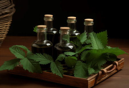 Nettle oil glass bottles with plant leaves. Natural nettle extract oil treatment. Generate aiの素材