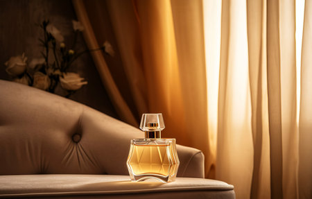 Perfume product presentation. Cosmetics product on soft interior furniture. Generate aiの素材