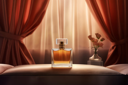 Perfume product with curtains background. Female cosmetics new fragrance presentation. Generate aiの素材