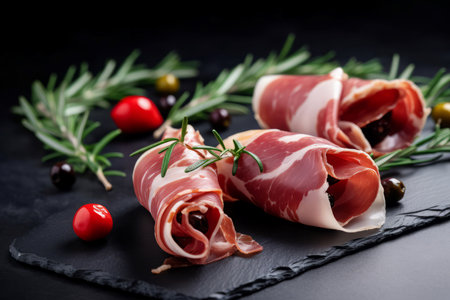 Rolled sliced jamon food. Bacon dinner smoked snack. Generate Aiの素材