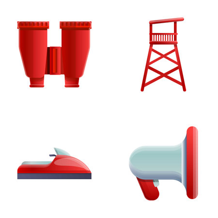 Coastal rescue icons set cartoon vector. Lifeguard post, lifeboat and binos. Safety of water recreationのイラスト素材