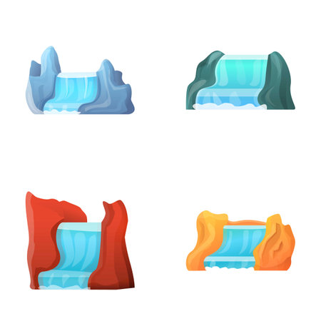 Waterfall icons set cartoon vector. Natural falling water stream. Nature, environmentのイラスト素材