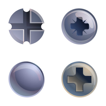 Metal screw icons set cartoon vector. Metal screw and steel bolt. Fixing device, repair toolのイラスト素材