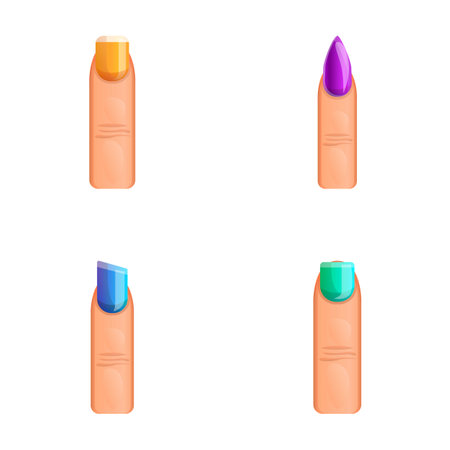Manicure icons set cartoon vector. Different shape and color of nail. Hand care, nail serviceのイラスト素材