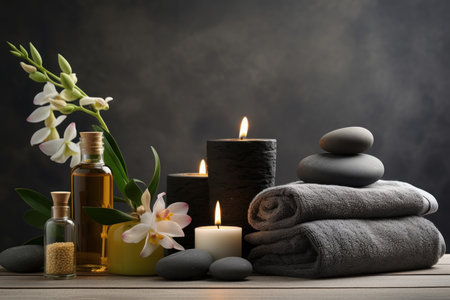 Composition of spa treatment on grey wall with oil bottle. Shower spa wellness nature hygiene. Generate Aiの素材