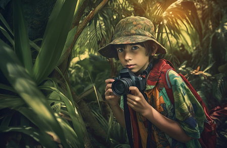 Boy making candid shot. Little child walking in green jungle. Generate aiの素材