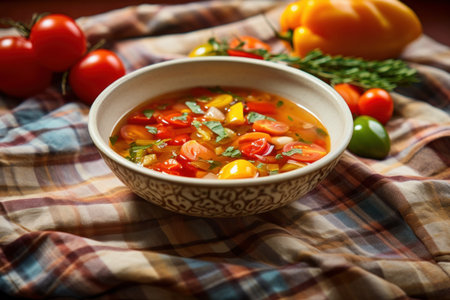 Bowl with fresh vegetable soup meal. Space italian portion ingredient. Generate Aiの素材