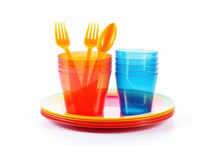 Bright plastic tableware isolated on white. Plastic picnic cutlery color plate. Generate Aiの素材