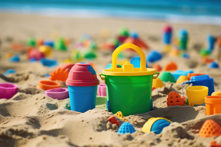 Colorful plastic sand toys on full beach. Color sea object fun play. Generate Aiの素材