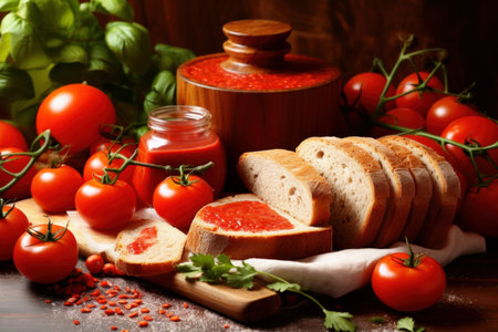 Composition of fresh pate tomatoes and bread. Toast meal creamy parsley food. Generate Aiの素材