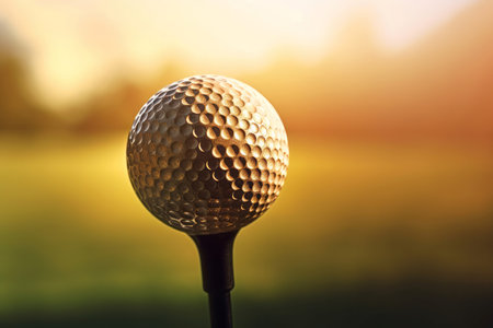 Golf ball on white tee. Golf tee height on game green field. Generate aiの素材