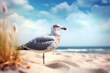 Gull on seashore beach. Sea bird standing on beach sand. Generate aiの素材