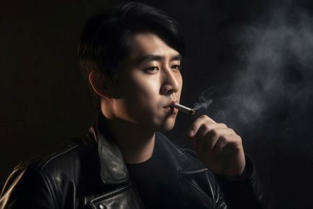 Handsome Korean man smoking. Asian male model posing on black background. Generate aiの素材