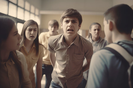 School diverse students group. Teenagers bullying problem in university. Generate aiの素材