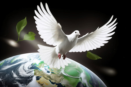 White dove flying above earth. Bird sign of world peace and hope. Generate aiの素材
