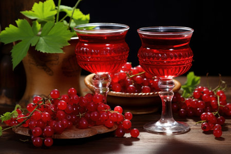 Fresh red currants in glasses on table on black background. Diet vegetarian food harvest. Generate Aiの素材