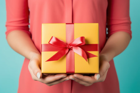 Gift box in female hand with red ribbon. Decoration of paper material bow. Generate Aiの素材
