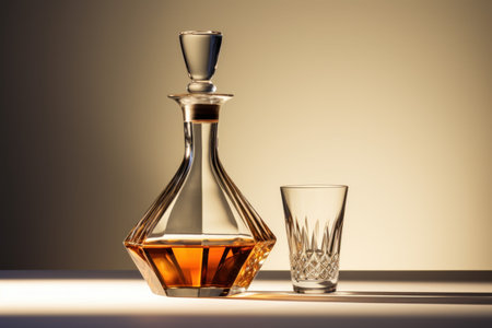 Glass and decanter on house table. Scotch drink liquid, cognac carafe. Generate Aiの素材