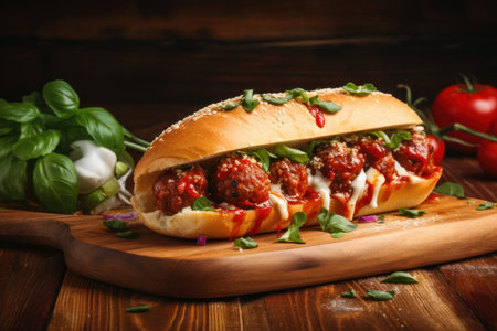 Homemade fried meatball sandwich on wood board. Fresh detail garnish style. Generate Aiの素材