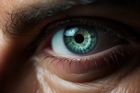 Man holding contact lens closeup at evening care. Corrective eyecare optical see. Generate Aiの素材