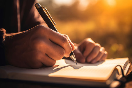 Man writing in notebook. Human hand with pen writing memories. Generate aiの素材