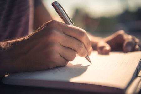 Closeup photo of writing man. Hand recording information in diary notepad. Generate aiの素材