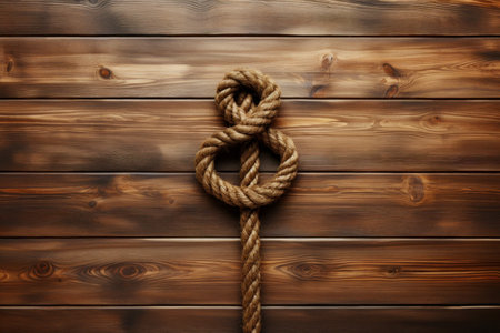 Marine knot on wooden floor background. Strong old nautical maritime rope. Generate AIの素材